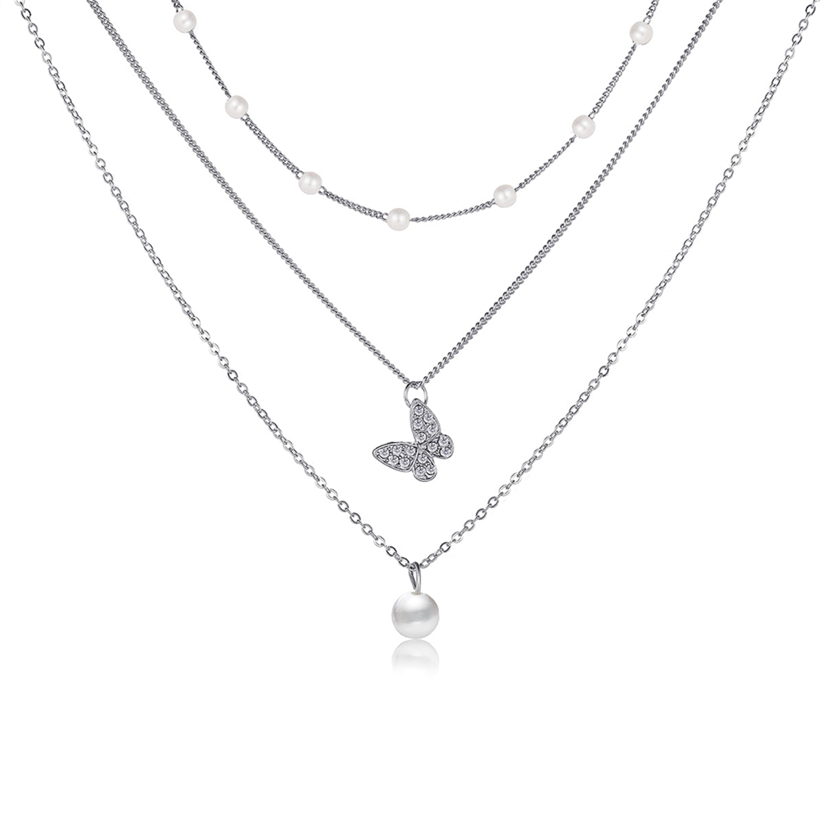 Cubic Zirconia & Pearl Silver-Plated Butterfly Necklace Set