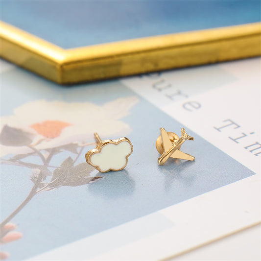 White and 18K Gold-Plated Airplane Asymmetrical Stud Earrings, gold stud earrings for women, front view