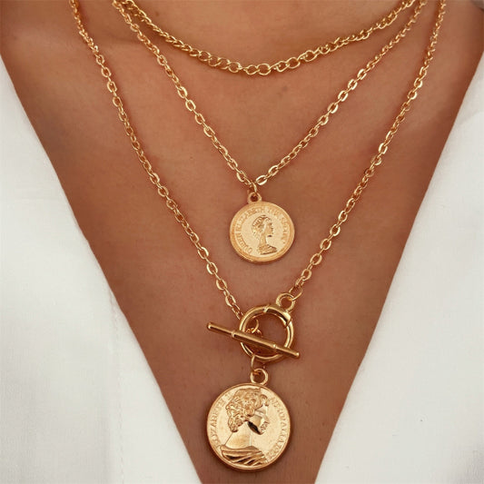 18K Gold-Plated Coin Pendant Necklace Set, jewelry gift sets for women, botanical inspired, front view