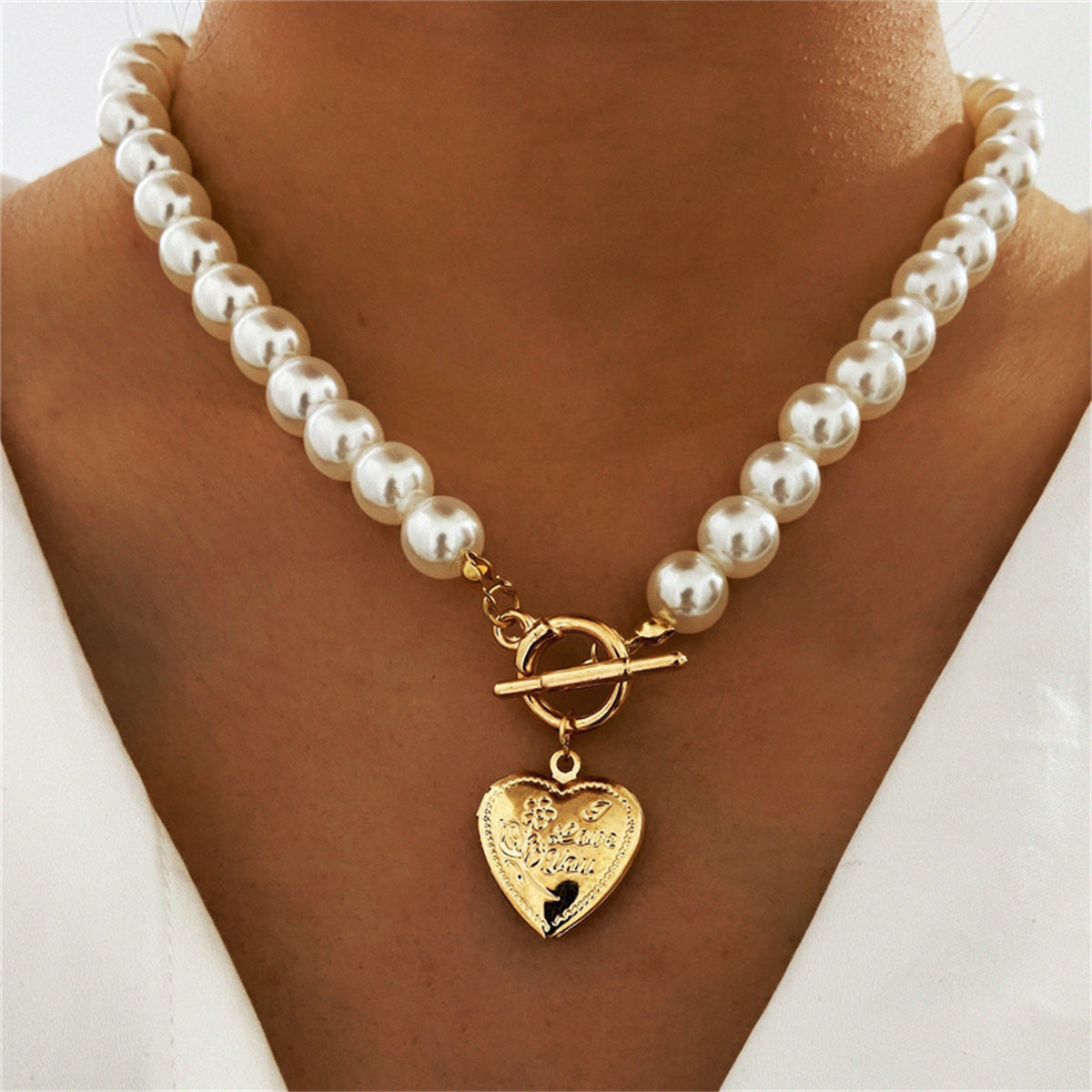 Pearl and 18K Gold-Plated Rose Heart Locket Toggle Pendant Necklace, gold pendant necklace for women, front view