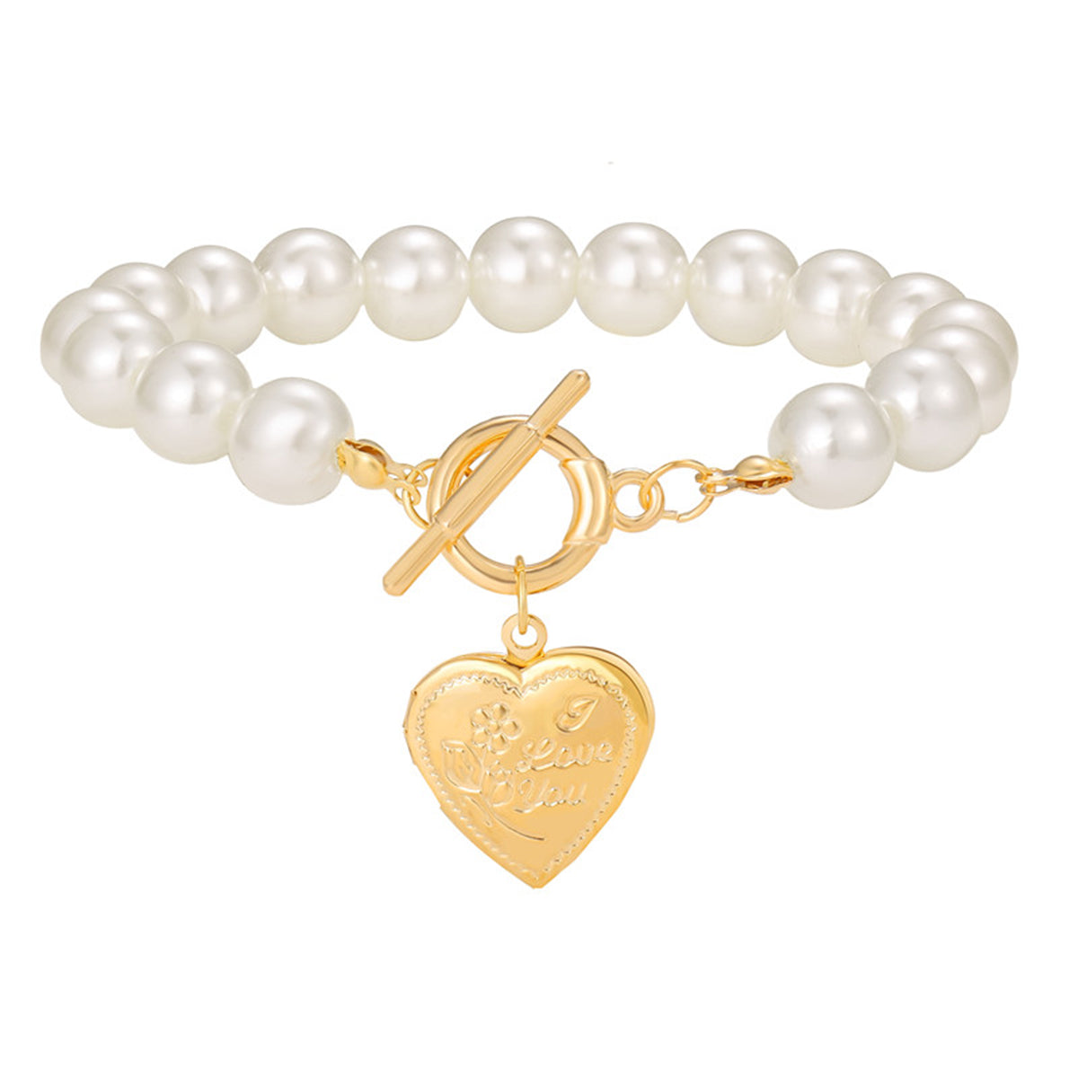 Pearl and 18K Gold-Plated Heart Charm Toggle Bracelet, gold bracelet for women, dainty minimalist design, front view