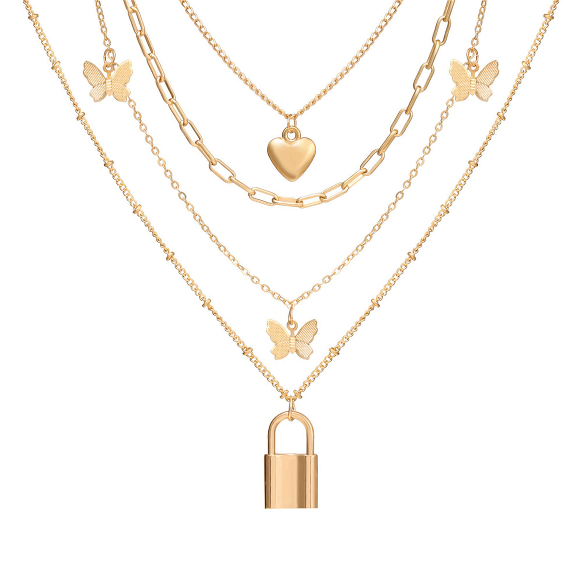 18K Gold-Plated Heart Butterfly Lock Layered Pendant Necklace, gold pendant necklace for women, everyday style, side view