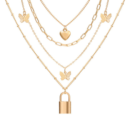 18K Gold-Plated Heart Butterfly Lock Layered Pendant Necklace, gold pendant necklace for women, everyday style, side view