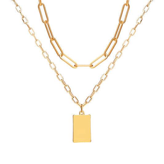 18K Gold-Plated Tag Pendant Necklace Set, jewelry gift sets for women, dainty minimalist design, front view