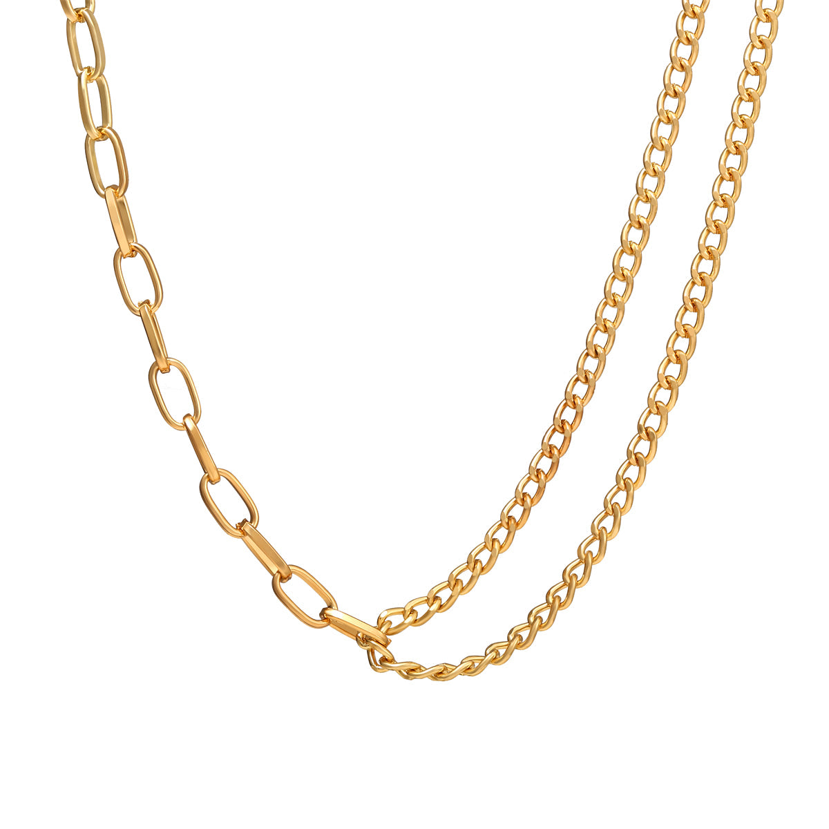 Stunning 18K gold-plated necklace with a long chain and unique links, perfect for elevating any outfit.