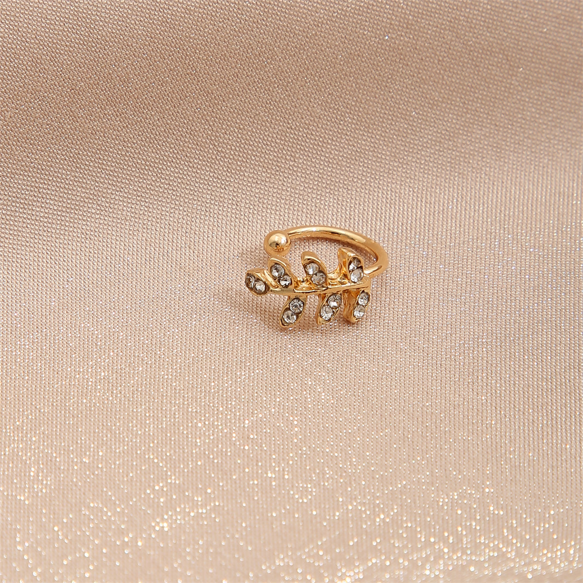 Cubic Zirconia and 18K Gold-Plated Leaves Ear Cuff, gold stud earrings for women, dainty minimalist design, front view