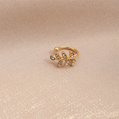 Cubic Zirconia and 18K Gold-Plated Leaves Ear Cuff, gold stud earrings for women, dainty minimalist design, front view
