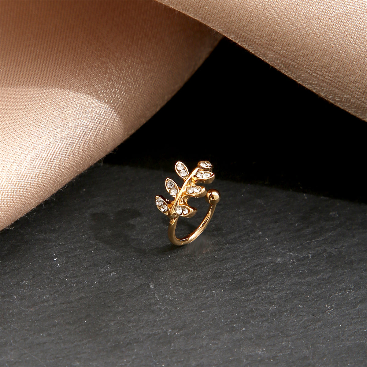 Cubic Zirconia and 18K Gold-Plated Leaves Ear Cuff, gold stud earrings for women, dainty minimalist design, detail close-up