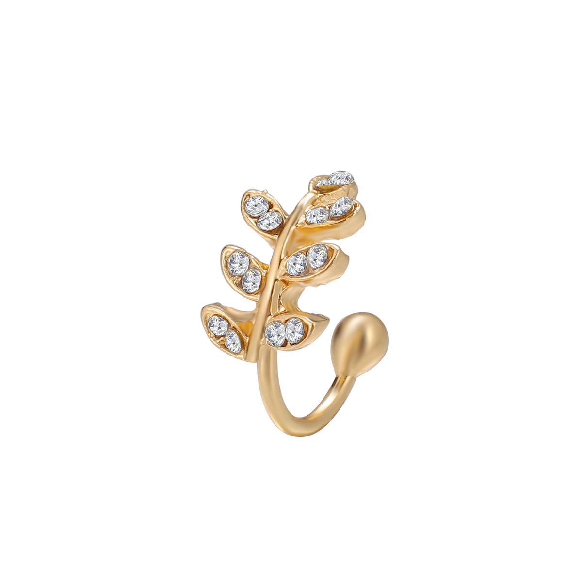 Cubic Zirconia and 18K Gold-Plated Leaves Ear Cuff, gold stud earrings for women, dainty minimalist design, side view