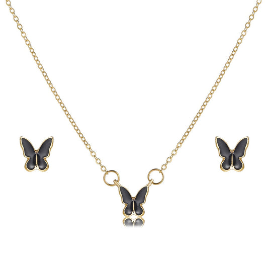 Black Enamel and 18K Gold-Plated Butterfly Pendant Necklace Set, gold stud earrings for women, front view