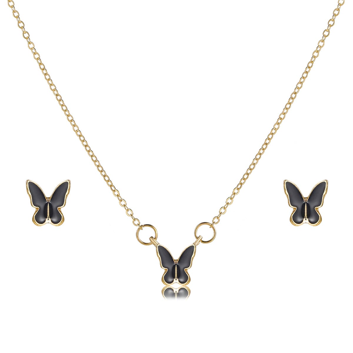 Black Enamel & 18K Gold-Plated Butterfly Pendant Necklace Set
