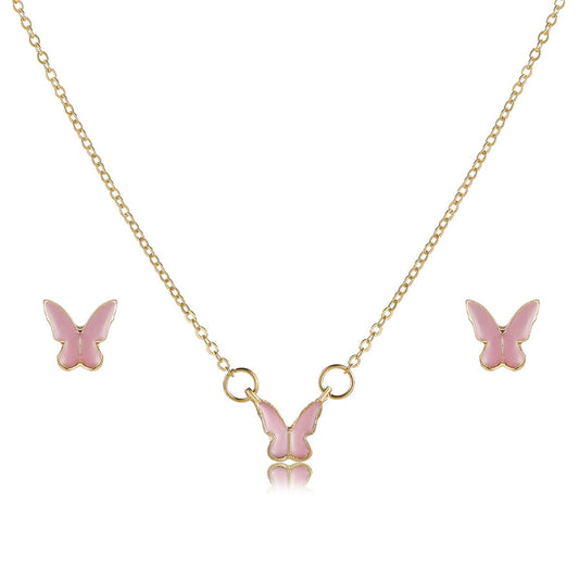 Pink Enamel and 18K Gold-Plated Butterfly Pendant Necklace and Stud Earrings, gold stud earrings for women, front view