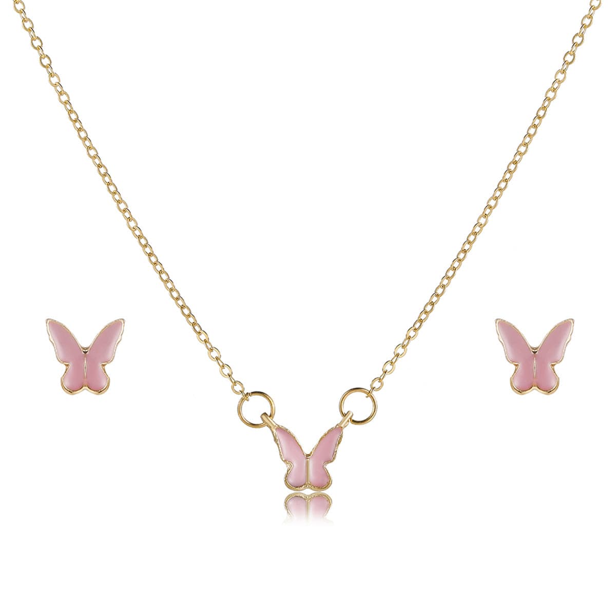 Pink Enamel & 18K Gold-Plated Butterfly Pendant Necklace & Stud Earrings