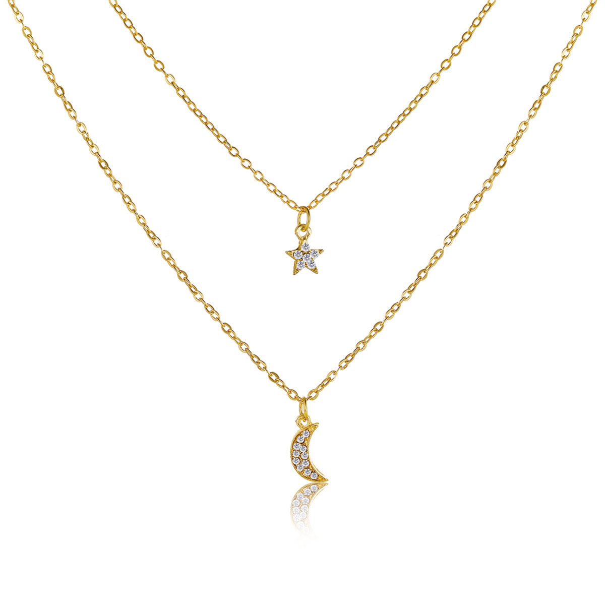 Cubic Zirconia and 18K Gold-Plated Star Moon Layered Necklace, gold pendant necklace for women, front view