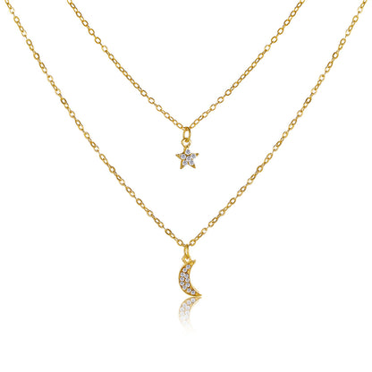 Cubic Zirconia and 18K Gold-Plated Star Moon Layered Necklace, gold pendant necklace for women, front view