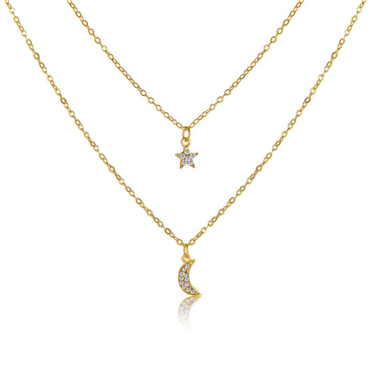 Cubic Zirconia and 18K Gold-Plated Star Moon Layered Necklace, gold pendant necklace for women, front view