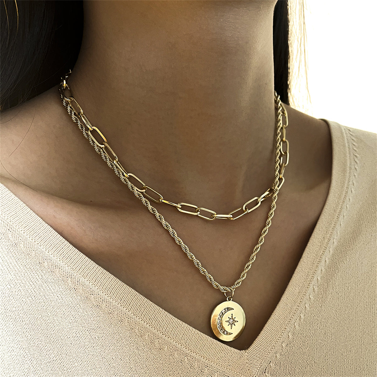 Cubic Zirconia and 18K Gold-Plated Celestial Coin Pendant Layered Necklace, gold pendant necklace for women, front view