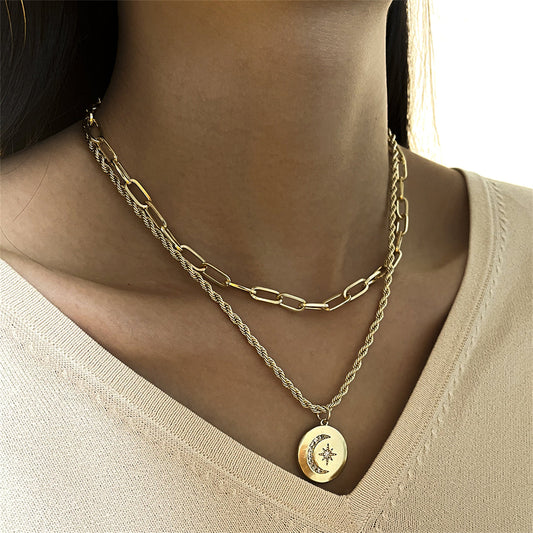 Cubic Zirconia and 18K Gold-Plated Celestial Coin Pendant Layered Necklace, gold pendant necklace for women, front view
