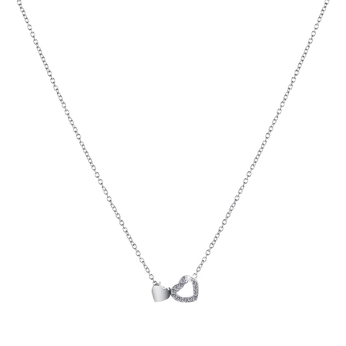 Cubic Zirconia and Silver-Plated Heart Pendant Necklace, silver pendant necklace for women, front view