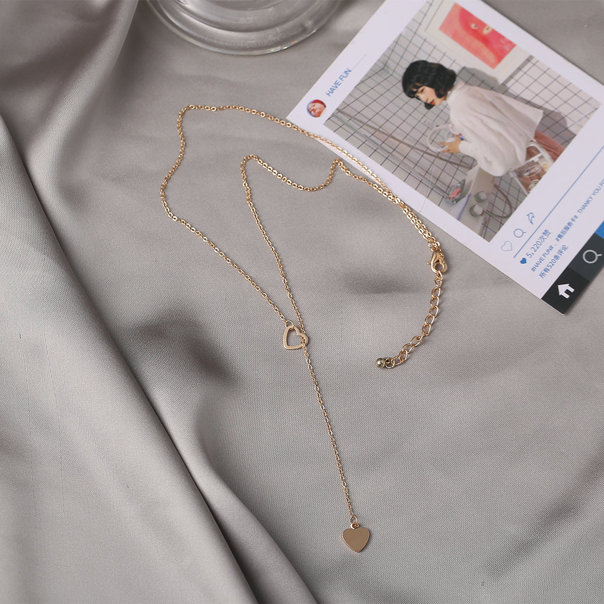 18K Gold-Plated Heart Lariat Necklace, gold pendant necklace for women, botanical inspired, side view