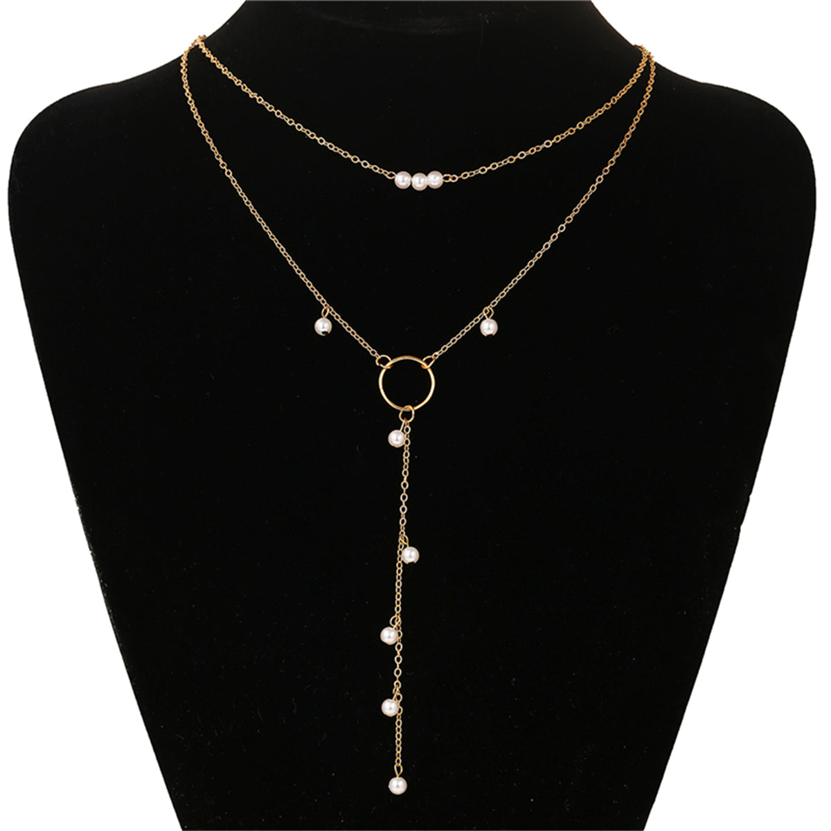 Pearl and 18K Gold-Plated Lariat Necklace, gold pendant necklace for women, dainty minimalist design, front view