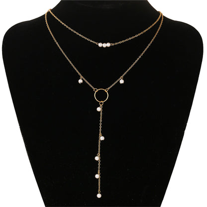 Pearl and 18K Gold-Plated Lariat Necklace, gold pendant necklace for women, dainty minimalist design, front view