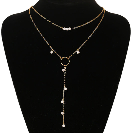 Pearl and 18K Gold-Plated Lariat Necklace, gold pendant necklace for women, dainty minimalist design, front view