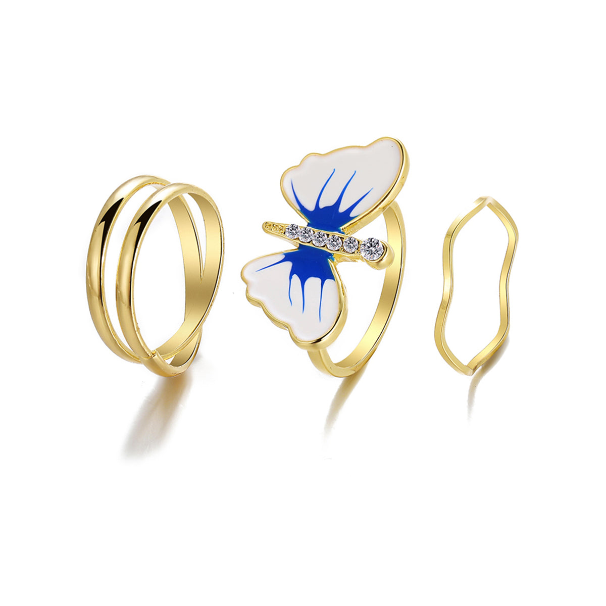Cubic Zirconia and Blue Three-Piece Butterfly Ring Set, jewelry gift sets for women, botanical inspired, side view