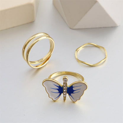 Cubic Zirconia and Blue Three-Piece Butterfly Ring Set, jewelry gift sets for women, botanical inspired, front view