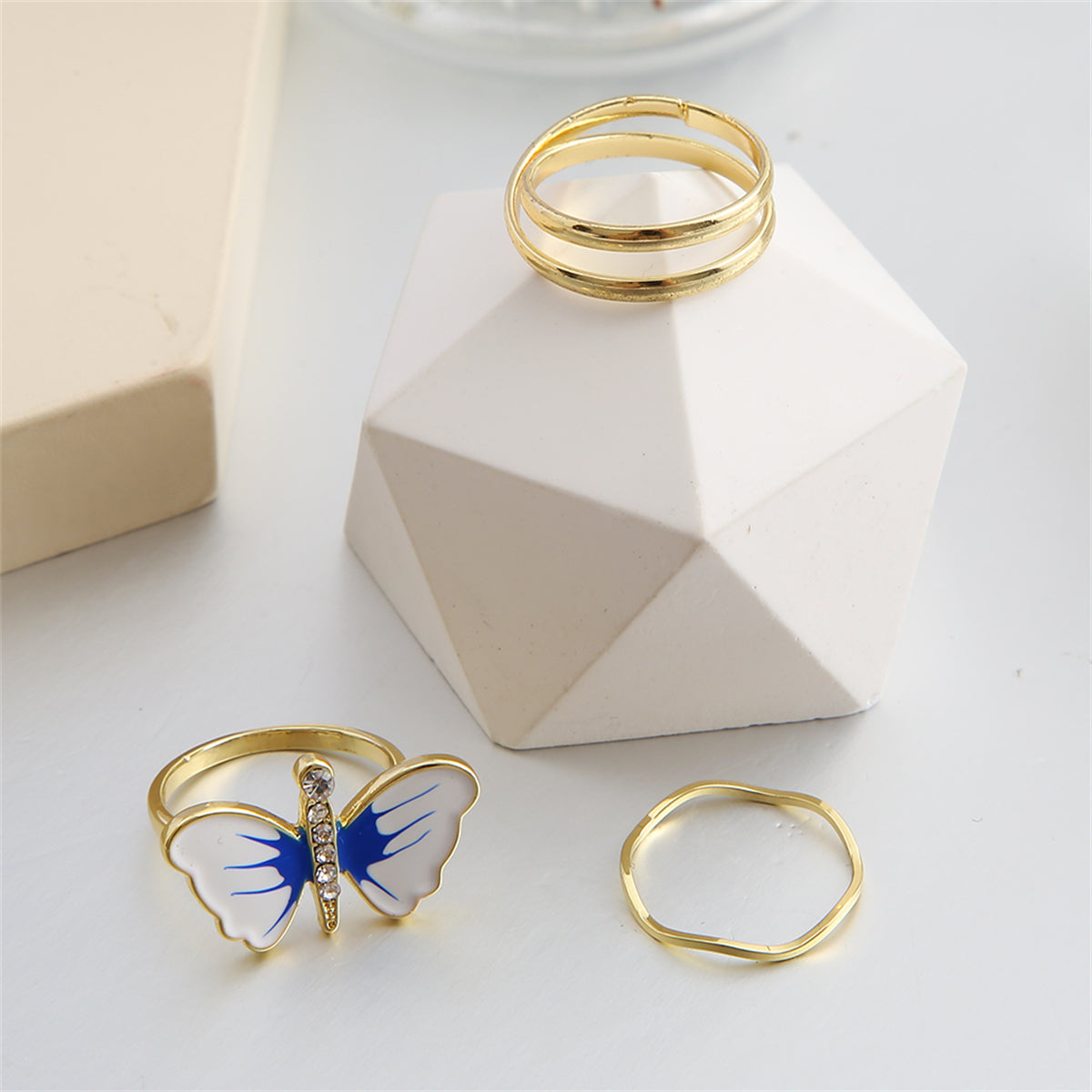 Cubic Zirconia and Blue Three-Piece Butterfly Ring Set, jewelry gift sets for women, botanical inspired, lifestyle look