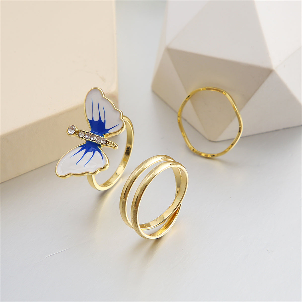 Cubic Zirconia and Blue Three-Piece Butterfly Ring Set, jewelry gift sets for women, botanical inspired, detail close-up