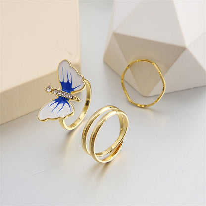 Cubic Zirconia and Blue Three-Piece Butterfly Ring Set, jewelry gift sets for women, botanical inspired, detail close-up
