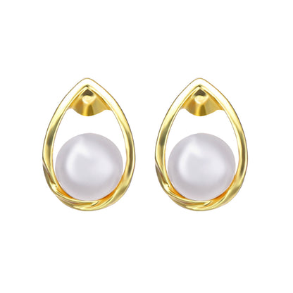 Pearl and 18K Gold-Plated Teardrop Stud Earrings, gold stud earrings for women, elegant gift for her, front view