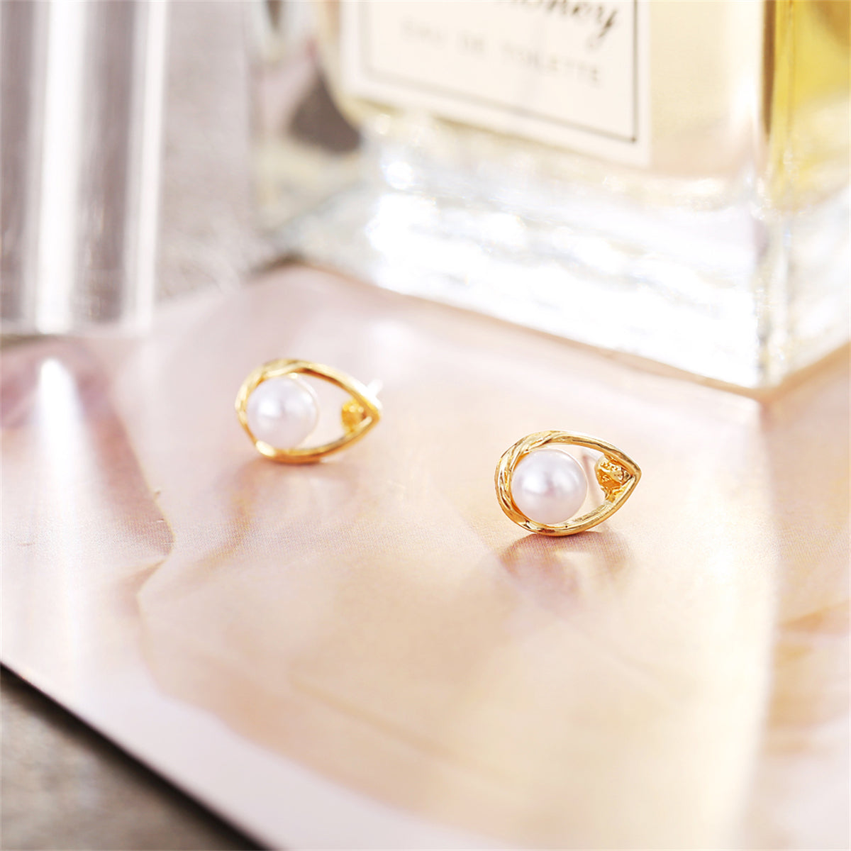 Pearl and 18K Gold-Plated Teardrop Stud Earrings, gold stud earrings for women, elegant gift for her, side view