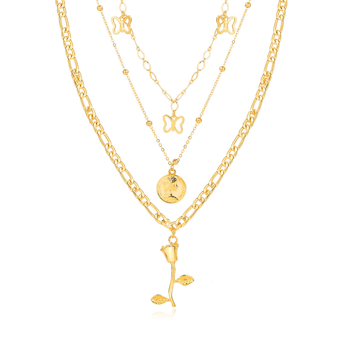 18K Gold-Plated Station Butterfly Pendant Layered Necklace, gold pendant necklace for women, front view