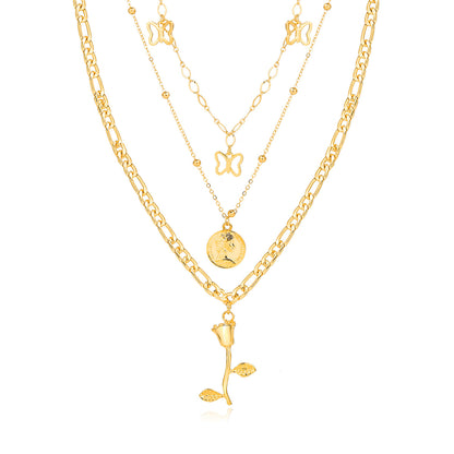 18K Gold-Plated Station Butterfly Pendant Layered Necklace, gold pendant necklace for women, front view