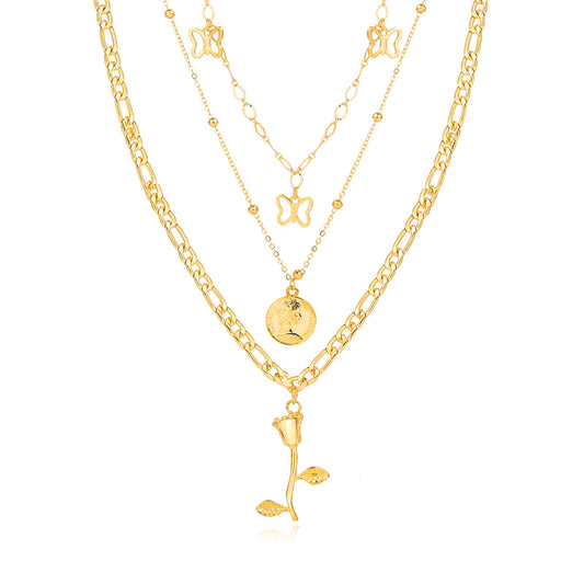 18K Gold-Plated Station Butterfly Pendant Layered Necklace, gold pendant necklace for women, front view