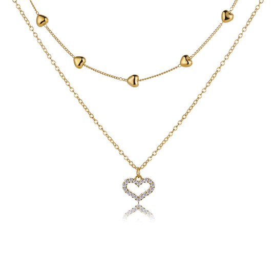 Cubic Zirconia and 18K Gold-Plated Heart Pendant Layered Necklace, gold pendant necklace for women, front view