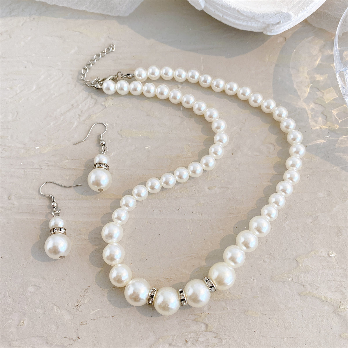 Pearl and Cubic Zirconia Beaded Necklace and Drop Earrings, drop earrings for women, vintage-inspired design, detail close-up