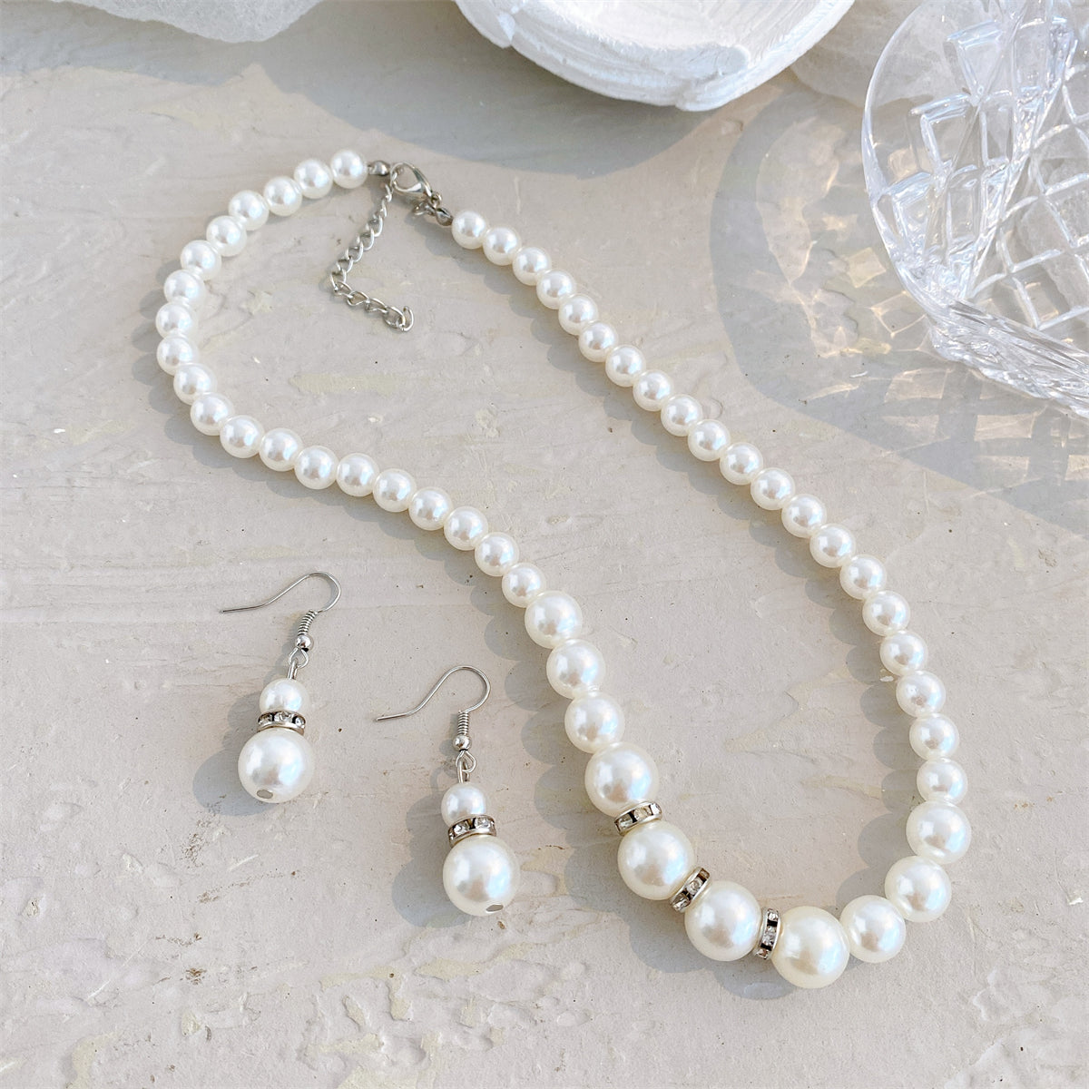 Pearl and Cubic Zirconia Beaded Necklace and Drop Earrings, drop earrings for women, vintage-inspired design, styled look