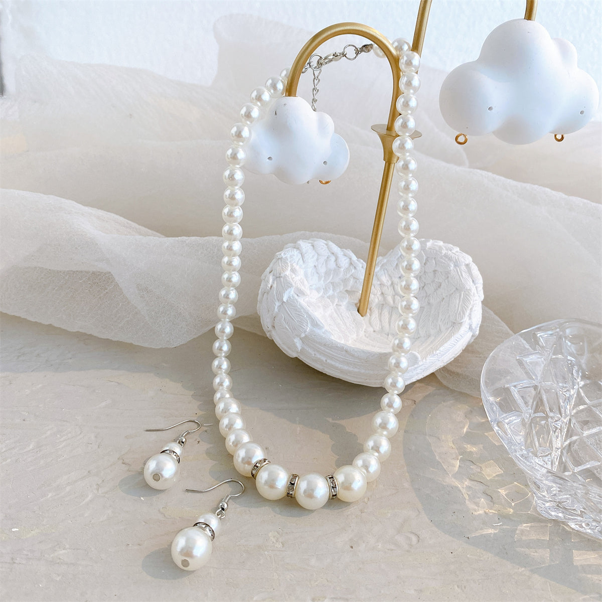 Pearl and Cubic Zirconia Beaded Necklace and Drop Earrings, drop earrings for women, vintage-inspired design, side view