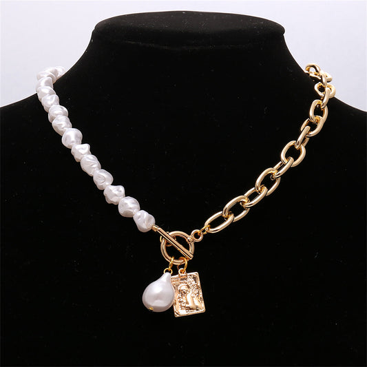 Pearl and 18K Gold-Plated Chain Toggle Necklace, gold pendant necklace for women, dainty minimalist design, front view