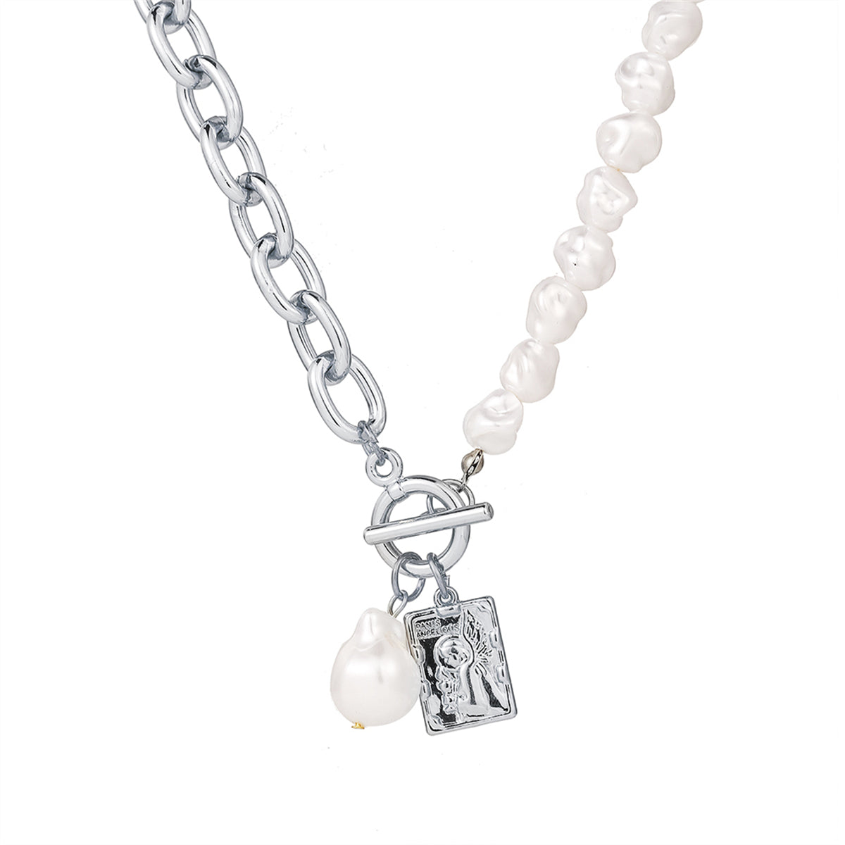Pearl and Silver-Plated Chain Toggle Necklace, silver pendant necklace for women, elegant gift for her, side view