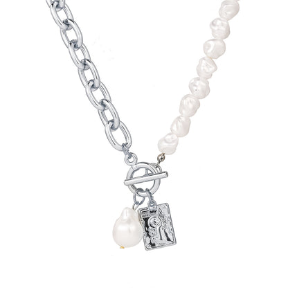 Pearl and Silver-Plated Chain Toggle Necklace, silver pendant necklace for women, elegant gift for her, side view