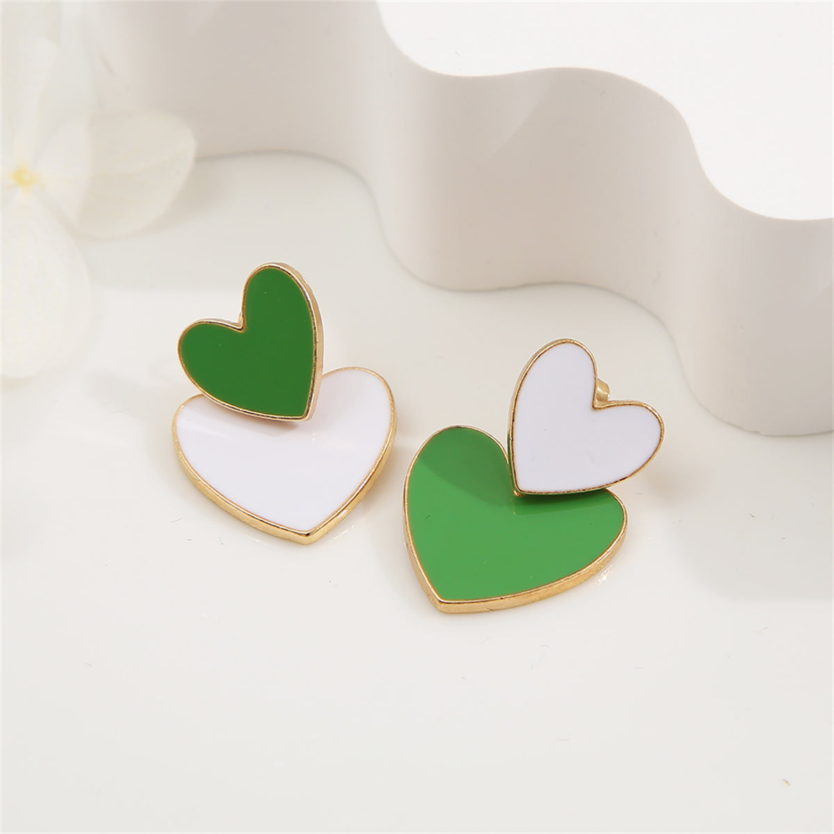 Green & White Enamel 18K Gold-Plated Heart Ear Jackets