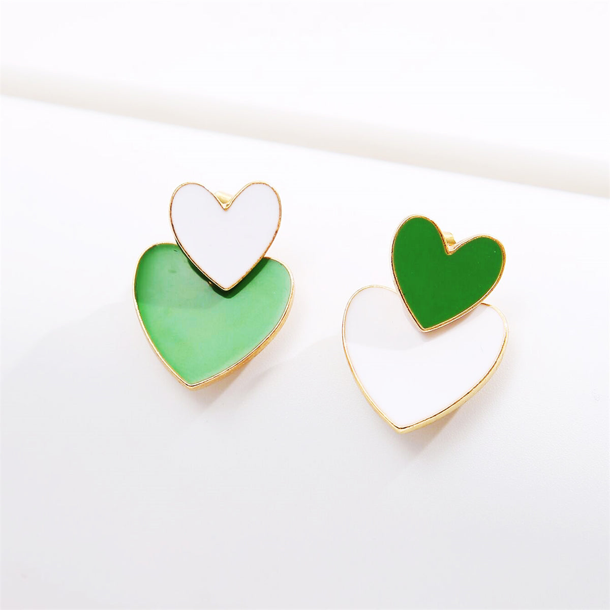 Green & White Enamel 18K Gold-Plated Heart Ear Jackets
