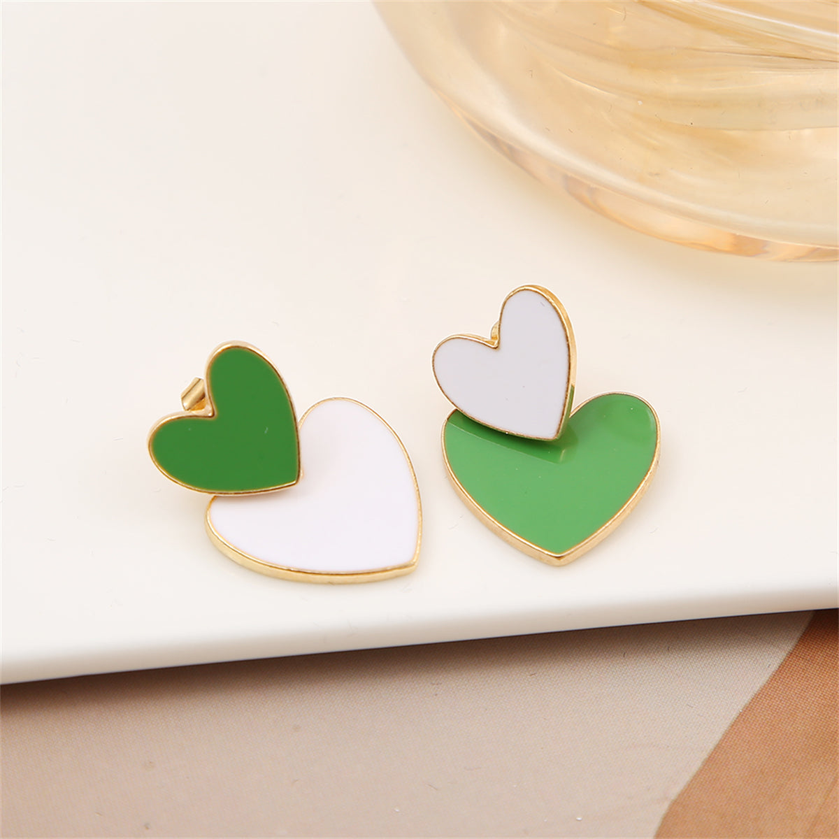 Green & White Enamel 18K Gold-Plated Heart Ear Jackets