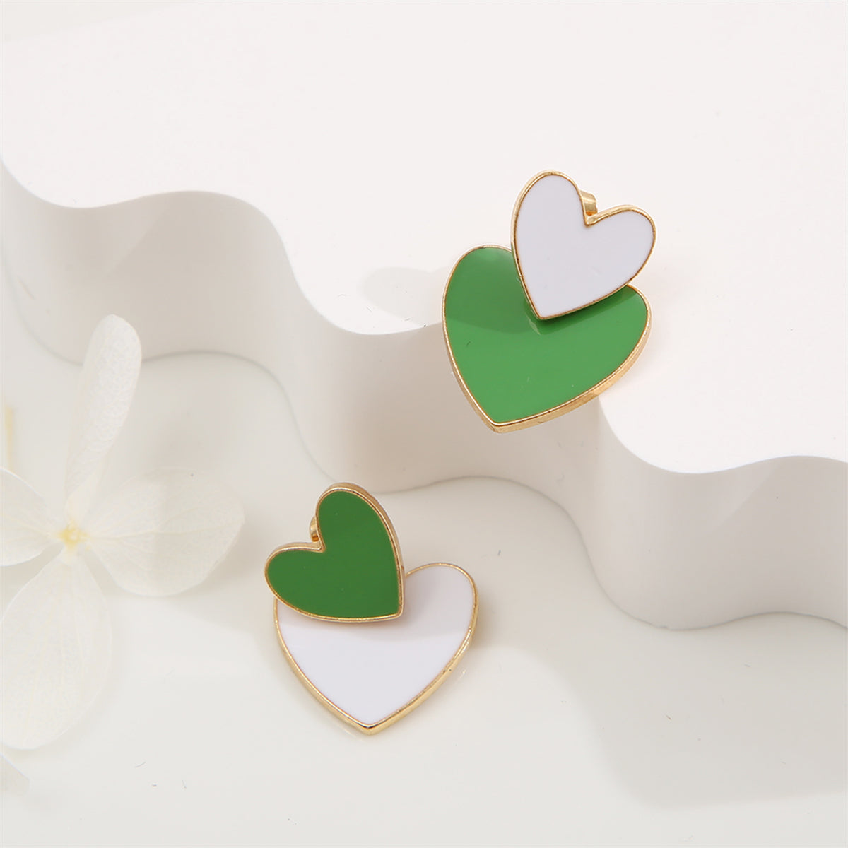 Green & White Enamel 18K Gold-Plated Heart Ear Jackets