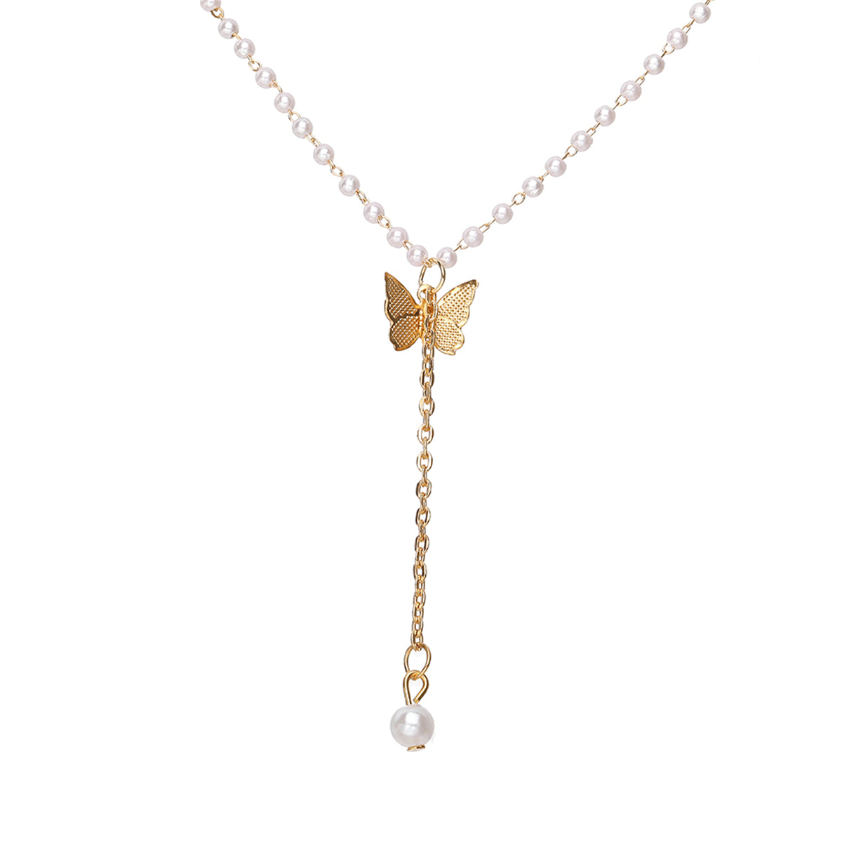 Pearl and 18K Gold-Plated Butterfly Drop Necklace, gold pendant necklace for women, botanical inspired, front view