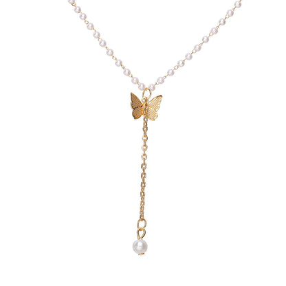Pearl and 18K Gold-Plated Butterfly Drop Necklace, gold pendant necklace for women, botanical inspired, front view